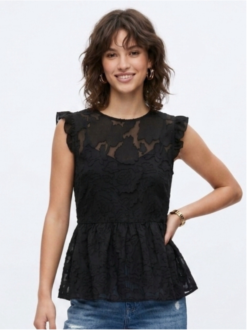 Women's Kensie Black Semi-Sheer Floral Jacquard Peplum Blouse NWT Size Large 764
